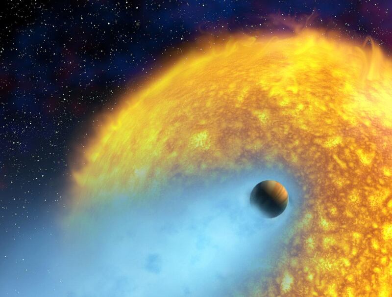 This artist's impression shows a dramatic close-up of the scorched extrasolar planet HD 209458b in its orbit 'only' 7 million kilometres from its yellow Sun-like star. The planet is a type of extrasolar planet known as a 'hot Jupiter'. Using the NASA/ESA Hubble Space Telescope, for the first time, astronomers have observed the atmosphere of an extrasolar planet evaporating off into space (shown in blue in this illustration). Much of this planet may eventually disappear, leaving only a dense core. Astronomers estimate the amount of hydrogen gas escaping HD 209458b to be at least 10 000 tonnes per second, but possibly much more. The planet may therefore already have lost quite a lot of its mass.