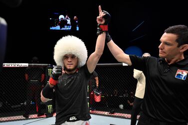 Russia's Umar Nurmagomedov celebrates after his victory over Sergey Morozov of Kazakhstan in a bantamweight fight during the UFC Fight Night event at Etihad Arena in Abu Dhabi. Getty