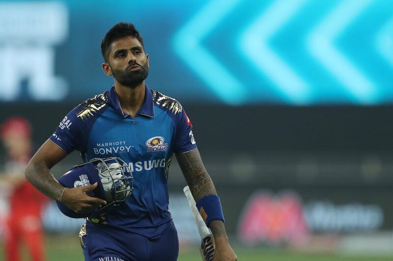 Surya Kumar Yadav of Mumbai Indians departs during match 10 of season 13 of the Dream 11 Indian Premier League (IPL) between The Royal Challengers Bangalore and The Mumbai Indians held at the Dubai International Cricket Stadium, Dubai in the United Arab Emirates on the 28th September 2020.  Photo by: Ron Gaunt  / Sportzpics for BCCI