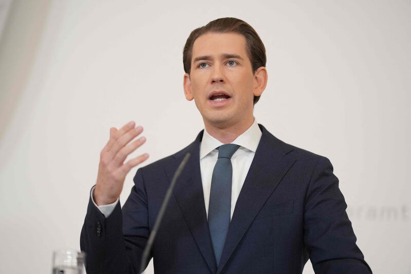 Austrian Chancellor Sebastian Kurz announcing his resignation on Saturday. AFP