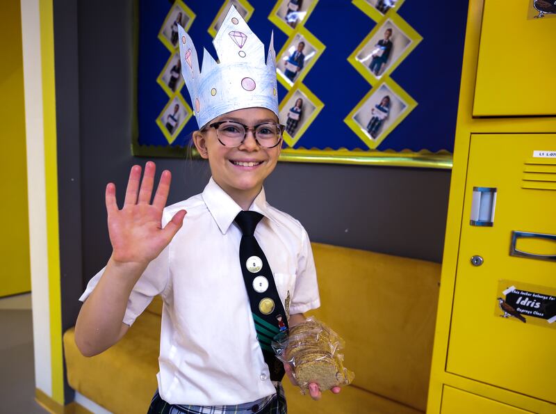 Hailey Perzinski, nine, year five,  of Repton School Abu Dhabi prepares for King Charles III's coronation. Victor Besa / The National