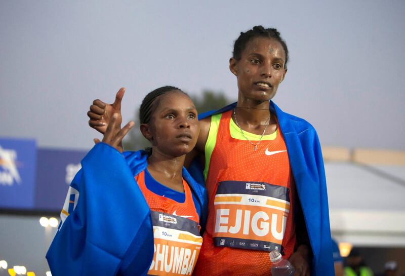 ABU DHABI, UNITED ARAB EMIRATES- Winner of the 10km race  women���s division Ejigu (right) and 2nd Chumba (left) at the ADNOC ABU Abu Dhabi Marathon.  Leslie Pableo for The National 