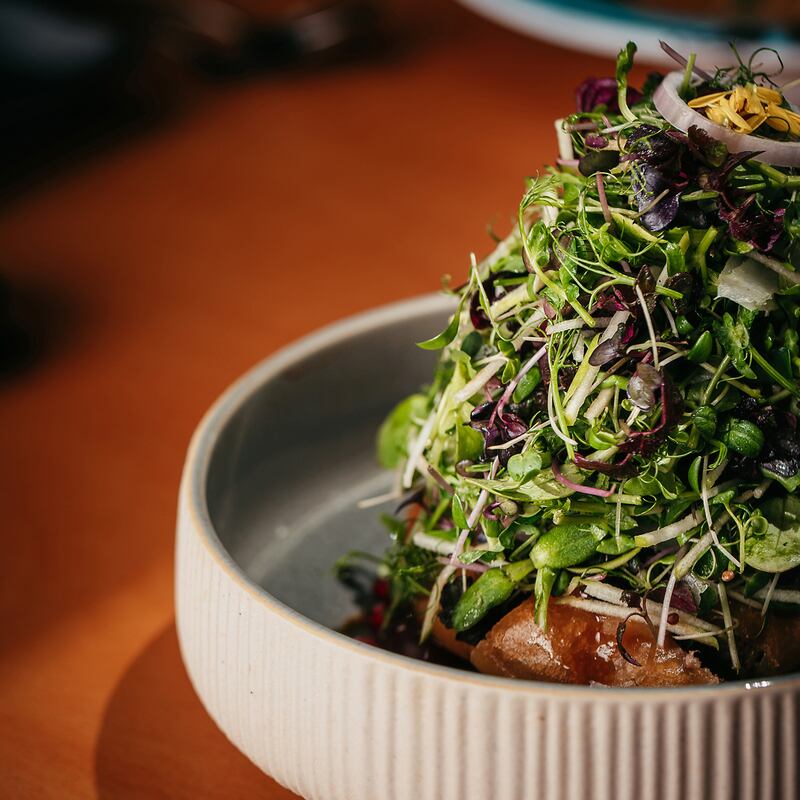 The star dish of the evening, yam ped tap tim (duck salad).