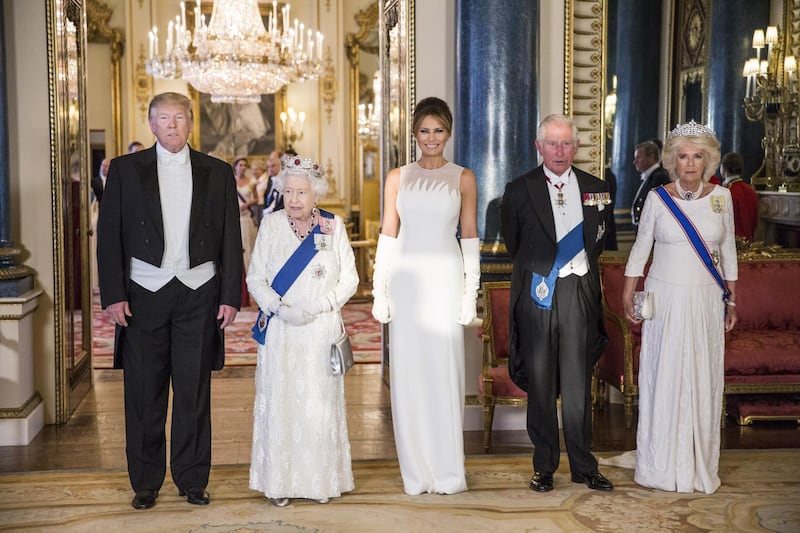 LONDON, ENGLAND - JUNE 03: (L-R) U.S. President Donald Trump, Queen Elizabeth II, First Lady Melania Trump, Prince Charles Prince of Wales and Camilla Duchess of Cornwall attend a State Banquet at Buckingham Palace on June 3, 2019 in London, England. President Trump's three-day state visit will include lunch with the Queen, and a State Banquet at Buckingham Palace, as well as business meetings with the Prime Minister and the Duke of York, before travelling to Portsmouth to mark the 75th anniversary of the D-Day landings.  (Photo by Jeff Gilbert - WPA Pool/Getty Images)