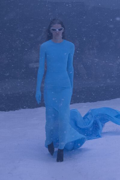 The finale of the Balenciaga autumn/winter 2022 show was a dress in the colour of the Ukrainian flag. Photo: Balenciaga