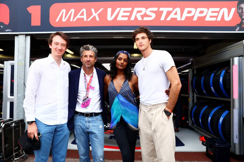 From left, Frederic Arnault, CEO of TAG Heuer, actors Patrick Dempsey, Simone Ashley and Jacob Elordi. Getty