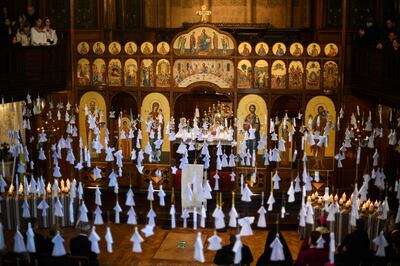 The Ukrainian Catholic Cathedral in London is decorated with 461 paper angels, one for each child who has died in the past year.  AFP