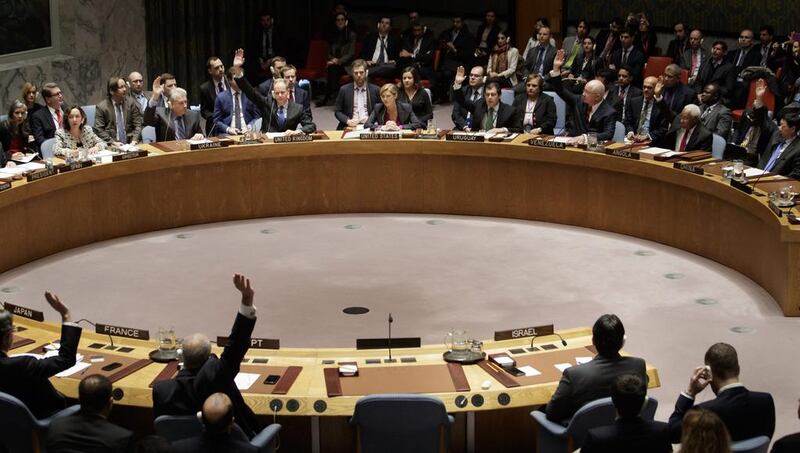 The United Nations Security Council votes to pass a resolution condemning Israeli settlement construction on December 23, 2016 as Samantha Power, the US permanent representative to the United Nations, abstains. Justin Lane / EPA