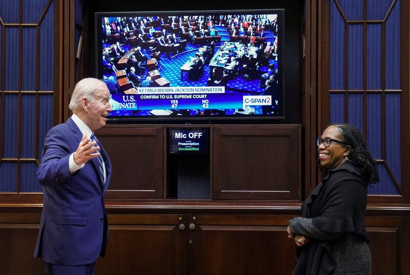 US President Joe Biden and his Supreme Court nominee Judge Ketanji Brown Jackson in the Roosevelt Room at the White House in Washington, April 7, 2022. Reuters