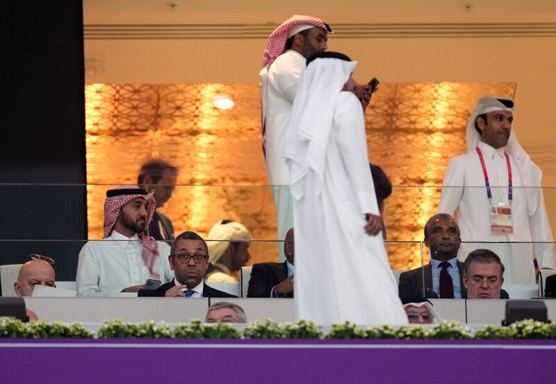 James Cleverly, seated second left, Britain’s Foreign Secretary, at the Al Bayt Stadium, Al Khor, for the opening World Cup match between Qatar and Ecuador. PA