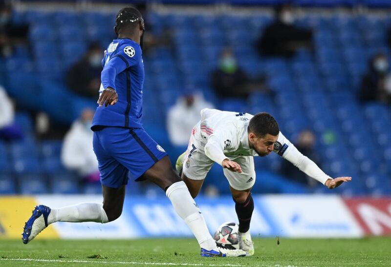 Real Madrid's Eden Hazard in action with Chelsea's Antonio Rudiger. Reuters