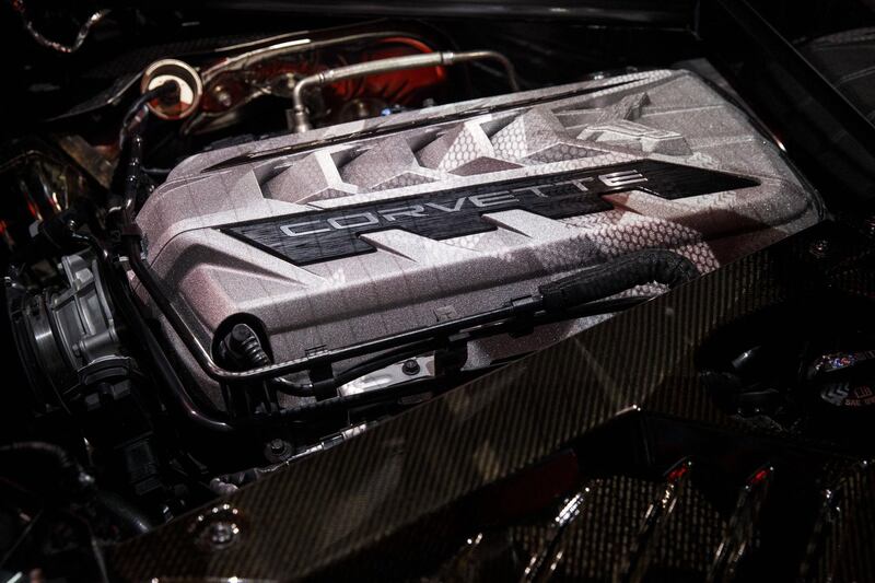 The engine of the new Corvette Stingray is displayed during the unveiling event.  Bloomberg
