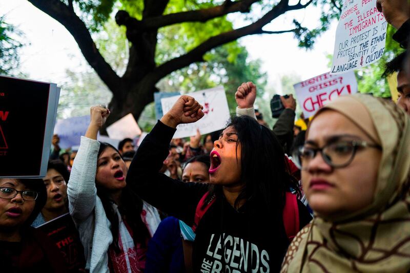 Protesters shout slogans during a demonstration against the Indian government's Citizenship Amendment Bill in New Delhi.  AFP