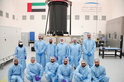 MBRSC engineers take a photo with the MBZ-Sat satellite. Photo: Dubai Media Office