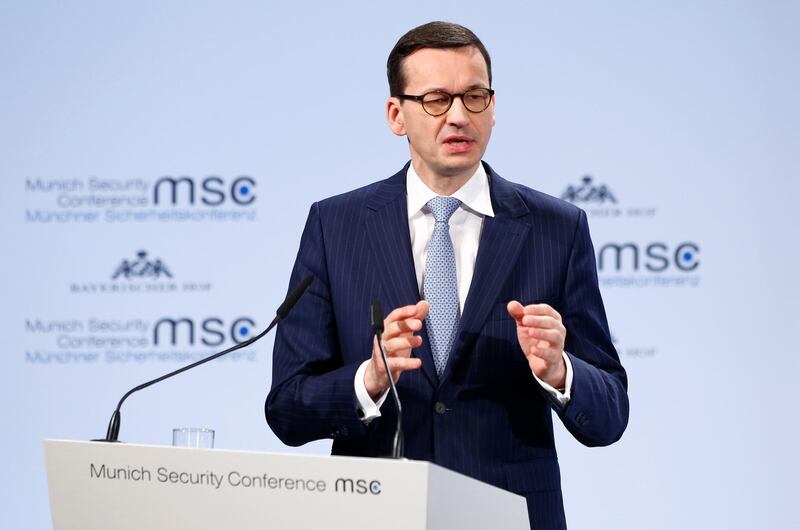 FILE PHOTO: Poland's Prime Minister Mateusz Morawiecki talks at the Munich Security Conference in Munich, Germany, February 17, 2018. REUTERS/Michaela Rehle/File Photo