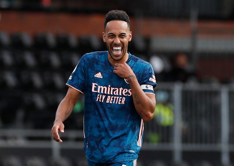 Arsenal's Pierre-Emerick Aubameyang celebrates scoring their third goal. Reuters