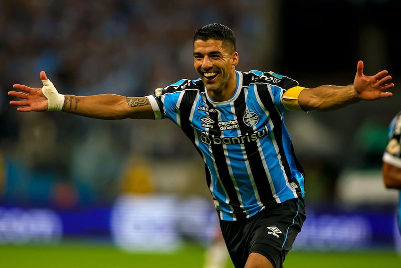 Gremio forward Luis Suarez celebrates after scoring the only goal of the Brazilian Serie A match against Vasco da Gama at Arena do Gremio in Porto Alegre, on December 3, 2023. It was the Uruguayan's final home game for the club. AFP