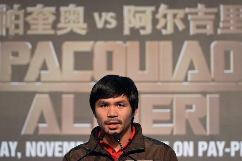 Manny Pacquiao shown during a press conference in Shanghai on Monday to promote his November fight with Chris Algieri. Dale de la Rey / AFP / August 25, 2014 