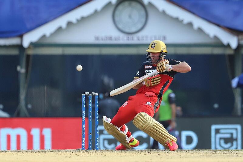 AB de Villiers of Royal Challengers Bangalore plays a shot during match 10 of the Vivo Indian Premier League 2021 between the Royal Challengers Bangalore and the Kolkata Knight Riders held at the M. A. Chidambaram Stadium, Chennai on the 18th April 2021.

Photo by Faheem Hussain / Sportzpics for IPL