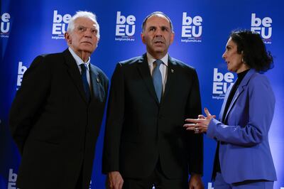 EU foreign ministers including the bloc's top diplomat Josep Borrell, left, were holding talks on the Middle East in Brussels on Saturday. AP 