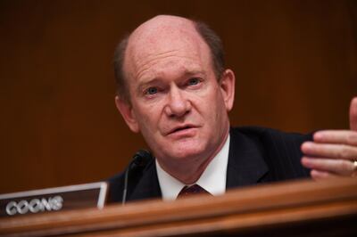 FILE PHOTO: Senator Chris Coons (D-DE) questions Ajit Pai, Chairman of the Federal Communications Commission, during an oversight hearing  on Capitol Hill in Washington, D.C., U.S., June 16, 2020. Toni Sandys/Pool via REUTERS/File Photo