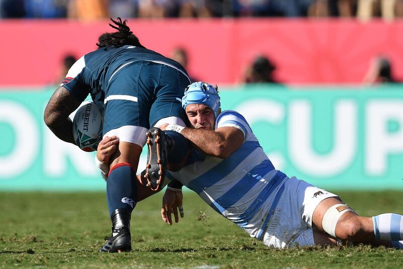 US hooker Joseph Taufete'e (L) is tackled by Argentina's flanker Juan Manuel Leguizamon  during the Japan 2019 Rugby World Cup Pool C match between Argentina and the United States at the Kumagaya Rugby Stadium in Kumagaya. AFP