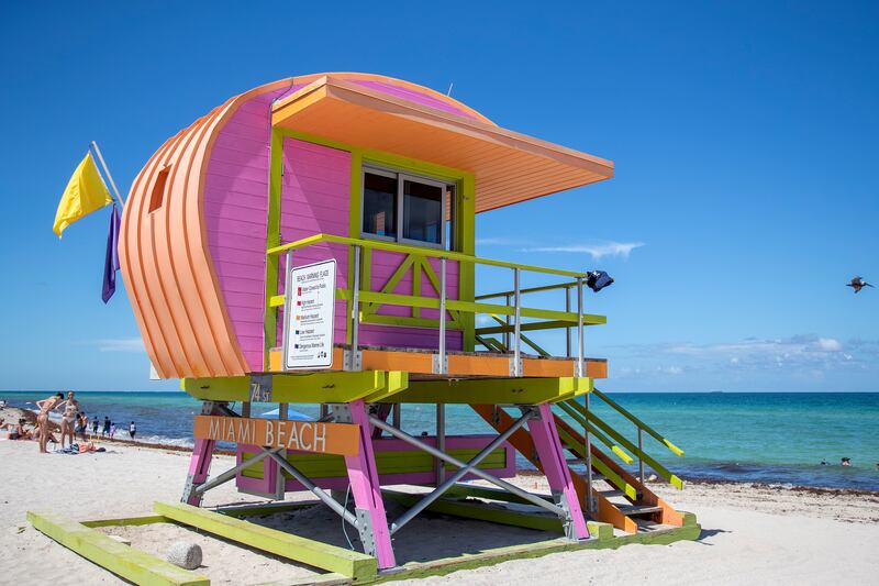 A lifeguard tower, designed by the architect William Lane, is seen in Miami Beach, Florida, USA.  Lane designed five colorful Miami Beach lifeguard towers in 1995 after Hurricane Andrew, and twenty years later he was invited, by the City of Miami Beach, to design other 36 lifeguard towers now spread across the Miami Beach shoreline.   EPA 