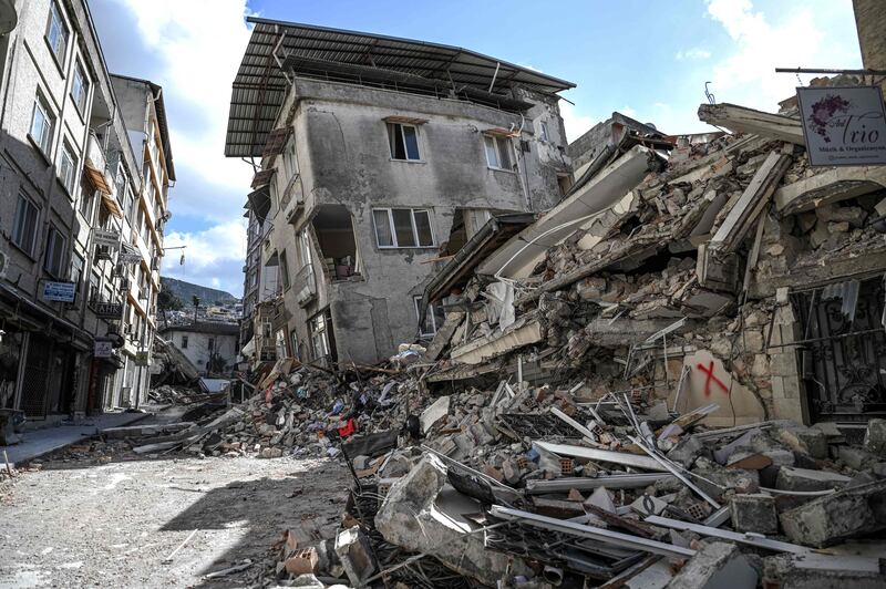 Collapsed buildings in Hatay on Monday, a month after a massive earthquake struck south-eastern Turkey. AFP