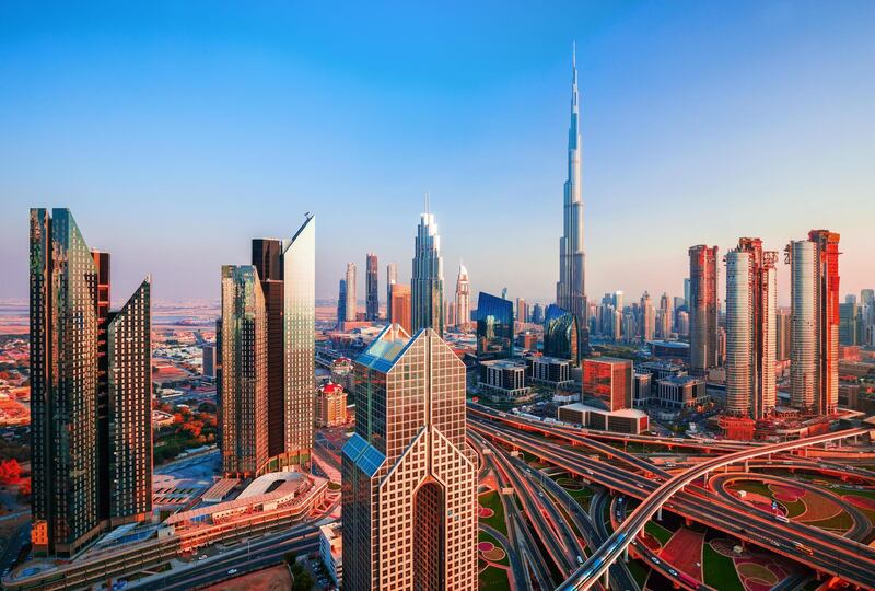 RYP3WE Amazing Dubai city center at sunrise, Dubai, United Arab Emirates. Alamy