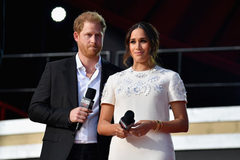 Prince Harry and Meghan Markle speak during the 2021 Global Citizen Live concert in New York. Photo: AFP