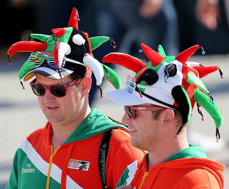 Rugby fans at the Rugby Sevens Series at the Rugby Sevens grounds in Dubai. Satish Kumar / The National