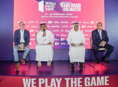 Aref Al Awani, second from left, addressing the media during the launch of Abu Dhabi Padel Master along with Bill O’Regan, CEO of Modon Properties, Saeed Ali Obaid Al Fazari, strategic affairs executive director at the Abu Dhabi Department of Culture and Tourism and Namir Hourani. Photo: ADSC