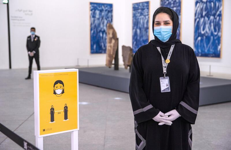 Abu Dhabi, United Arab Emirates, June 25, 2020.   
  Najoua Bour of the The Louvre , Abu Dhabi welcomes guests after 100 days of being temporarily closed due to the Covid-19 pandemic.
Victor Besa  / The National
Section:  NA
Reporter:  Saeed Saeed