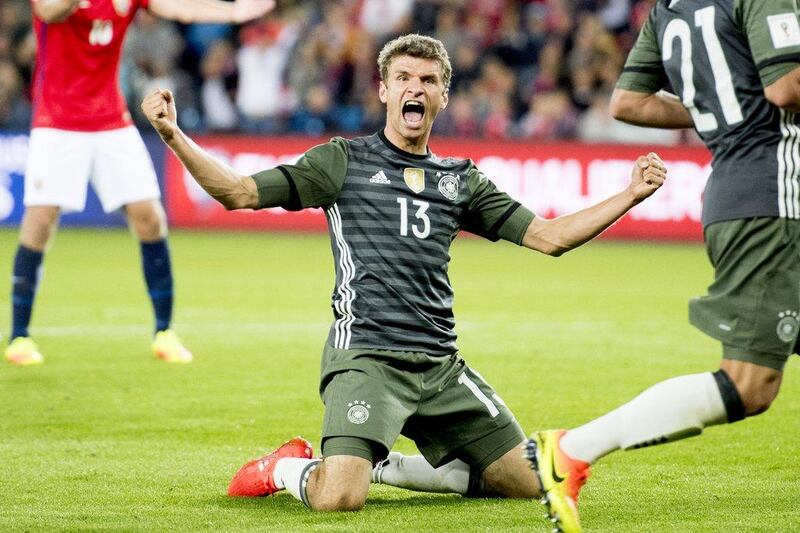 Germany's Thomas Muller celebrates after scoring his side's third goal of the game against Norway during their World Cup Group C qualifier in Oslo, Sunday, September 4, 2016. Jon Olav Nesvold / AP Photo