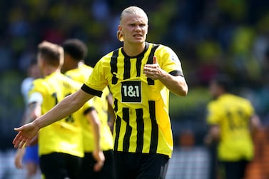DORTMUND, GERMANY - MAY 14: Erling Haaland of Dortmund gestures during the Bundesliga match between Borussia Dortmund and Hertha BSC at Signal Iduna Park on May 14, 2022 in Dortmund, Germany. (Photo by Lars Baron / Getty Images)