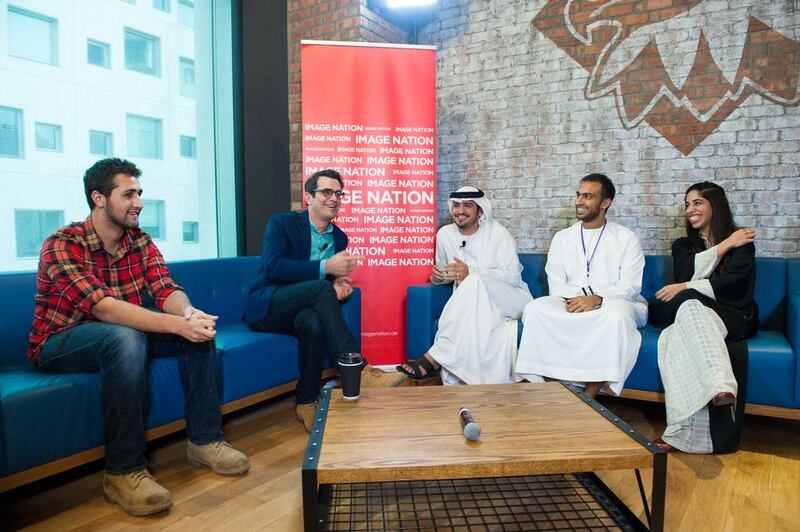 The Emirati host is Talal Al Asmani from Image Nation during a NYU AD talk with Modern Family actor Ty Burrell. The accompanying guests on the sofas are NYU students. Courtesy Johnathan Gibbons