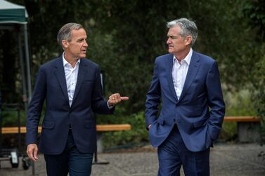 Bank of England Governor Mark Carney, left, and Jerome Powell, Fed Chairman, right, at the Jackson Hole Economic Policy Symposium. AP 