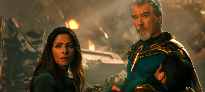 Sarah Shahi, left, plays a rebel leader, and Brosnan's Doctor Fate seems to be a dollar-store version of Doctor Strange.