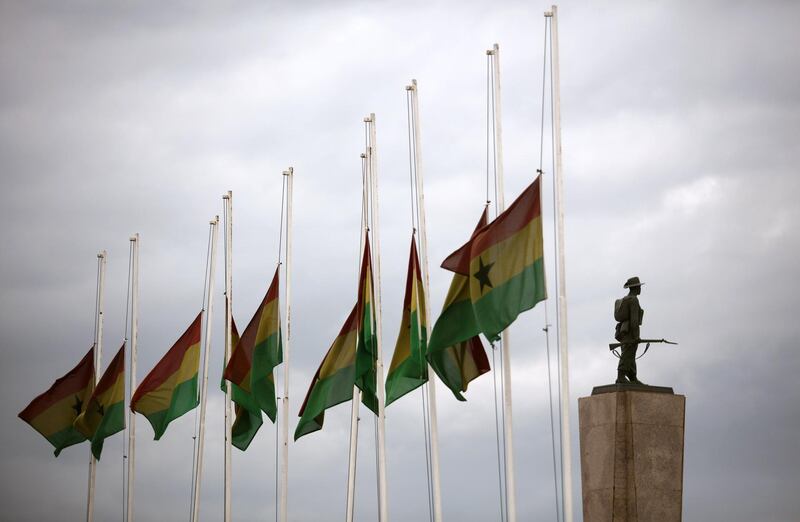 Ghana's national flags fly at half-mast in honor of the late Kofi Annan, former United Nations Secretary-General and Nobel Peace Prize laureate, at the Black Star Square in Accra, Ghana August 20, 2018. REUTERS/Francis Kokoroko