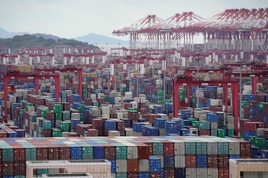 Containers piled up at the Yangshan Deepwater Port in Shanghai last month. The port currently has a shortage of the bigger, 40ft containers, according to Container xChange's Container Availability Index. Reuters