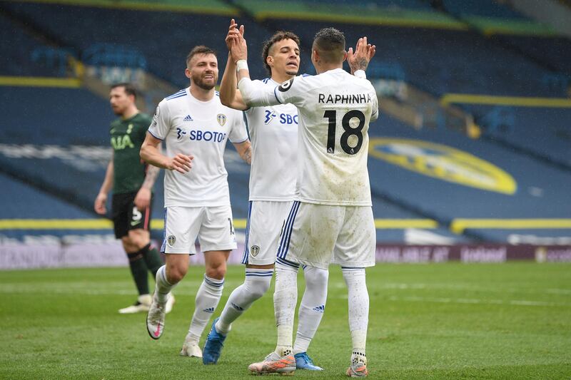 Rodrigo celebrates with Raphinha after scoring. Getty