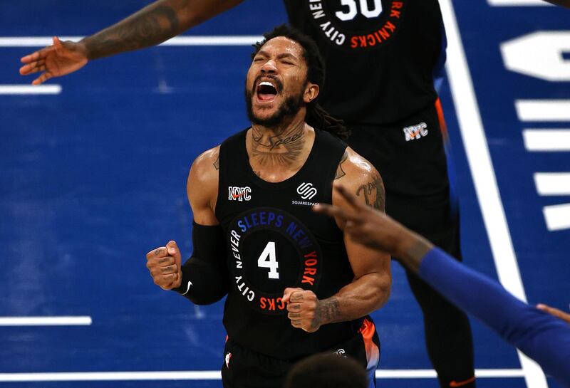 New York Knicks' Derrick Rose celebrates late in the fourth quarter against the Atlanta Hawks in Game 2 in an NBA basketball first-round playoff series Wednesday, May 26, 2021, in New York. The Knicks won 101-92.(Elsa/Pool Photo via AP)