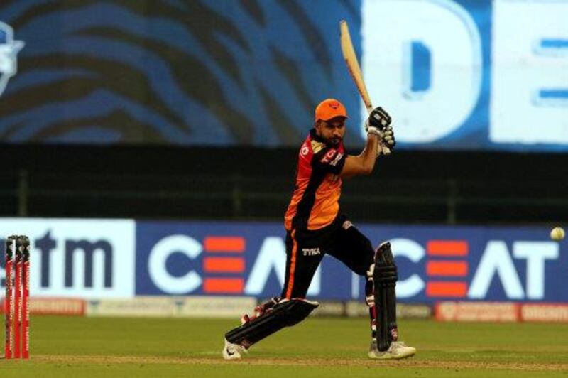 Manish Pandey of Sunrisers Hyderabad plays a shot during match 11 of season 13 of Dream 11 Indian Premier League (IPL) between the Delhi Capitals and the Sunrisers Hyderabad held at the Sheikh Zayed Stadium, Abu Dhabi  in the United Arab Emirates on the 29th September 2020.  Photo by: Rahul Goyal / Sportzpics for BCCI