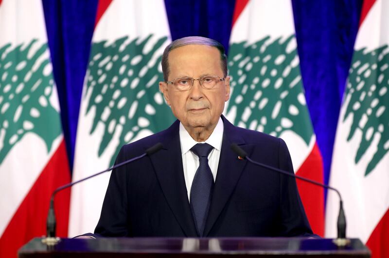 epa08834874 A handout photo made available by the Lebanese official agency Dalati and Nohra shows Lebanese President Michel Aoun delivering a televized address on the eve of the 77th Independence Day, at the presidential palace in Baabda, east of Beirut, Lebanon, 21 November 2020. The Lebanese Presidency announced on 18 November 2020 that all types of national celebrations on the occasion of Lebanon's 77th Independence Day will be cancelled due to the coronavirus pandemic.  EPA/DALATI&NOHRA HANDOUT  HANDOUT EDITORIAL USE ONLY/NO SALES