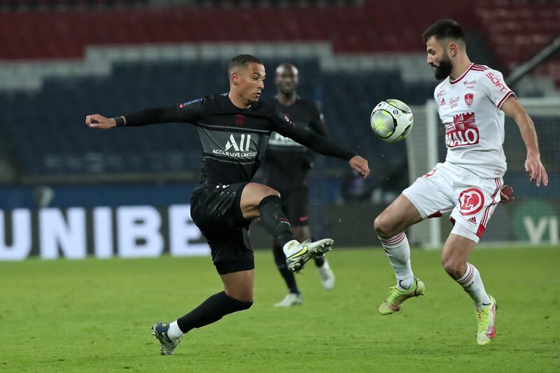 Paris Saint-Germain's Thilo Kehrer in action against Franck Honorat of Brest. EPA