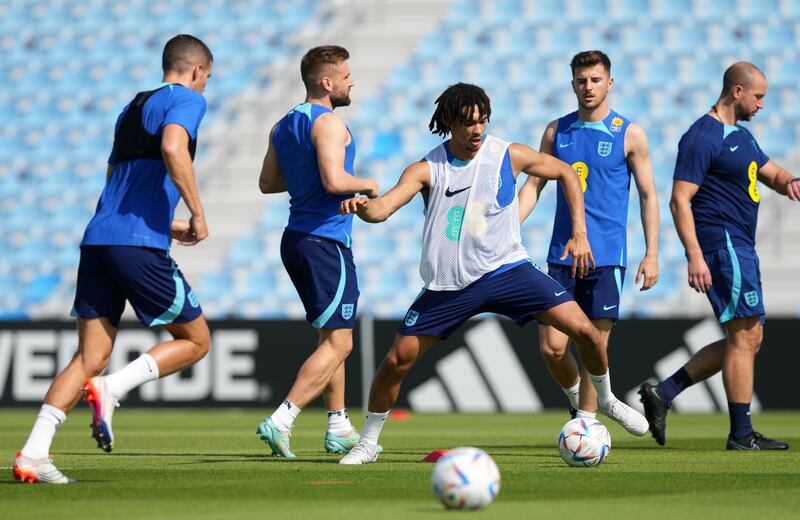 England defender Trent Alexander-Arnold, centre, during training. PA