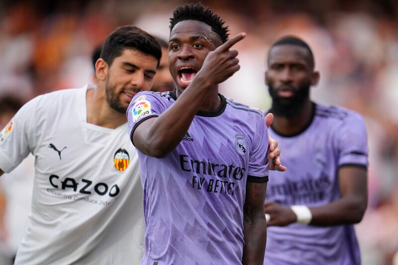 Vinicius Junior of Real Madrid reacts after receiving racist abuse. Getty Images