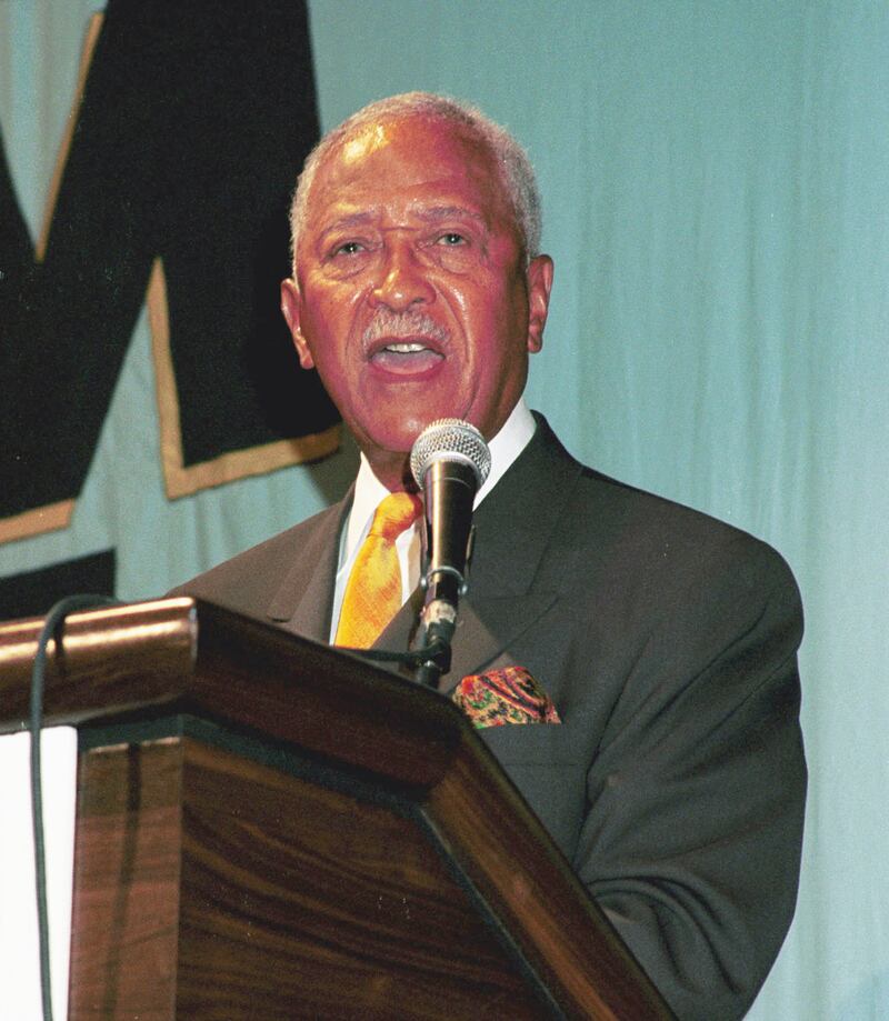 368970 01: Former New York City Mayor David Dinkins shows his support at a rally for Mumia Abu-Jamal May 7, 2000 in Madison Square Garden in New York City. Several thousands rallied on Sunday at Madison Square Garden to call for a retrial of internationally known death row inmate Mumia Abu-Jamal convicted of the fatal 1981 shooting of a Philadelphia police officer. (Photo by George De Sota/Newsmakers)
