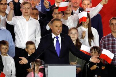 Polish President and presidential candidate of the Law and Justice (PiS) party Andrzej Duda speaks after the announcement of the first exit poll results on the second round of the presidential election in Pultusk, Poland, July 12, 2020. REUTERS