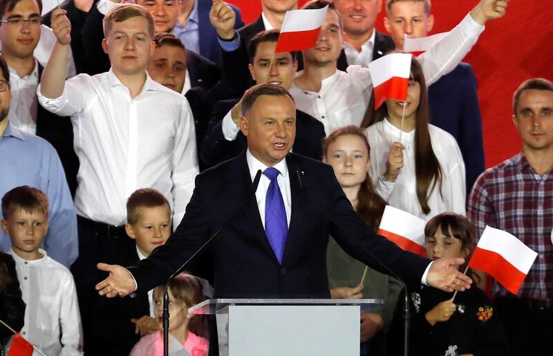 Polish President and presidential candidate of the Law and Justice (PiS) party Andrzej Duda speaks after the announcement of the first exit poll results on the second round of the presidential election in Pultusk, Poland, July 12, 2020. REUTERS/Kacper Pempel